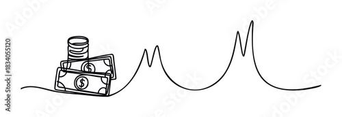Financial growth concept with abstract chart waves and stack of cash money for economic progress in business and investment