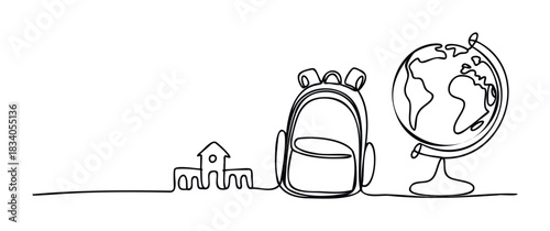 Single line drawing of a school building, backpack, and globe symbolizing education and global learning, perfect for school supplies or back to school promotions.