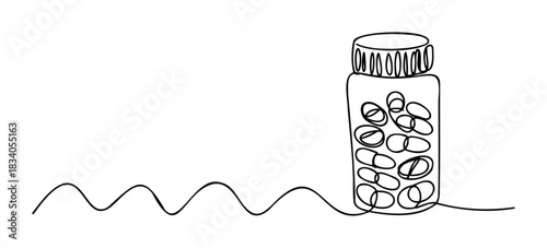 Continuous line drawing of a prescription bottle filled with capsules and a wavy line extending from the base, representing medication and health concepts for medical and pharmaceutical