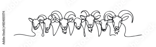 Minimalist single line drawing of a herd of goats with swirling horns forming a continuous flowing composition suitable for branding or decorative applications