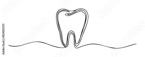 Single continuous line drawing of a tooth with roots emerging from a wavy line, ideal for dental care logos and healthcare branding with medical symbols.