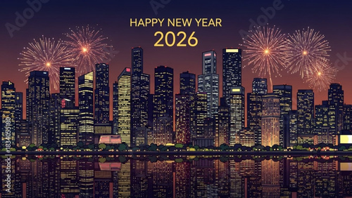 Celebrate New Year 2026 with Stunning City Skyline Fireworks Display! Perfect for holiday greetings, event promotions, and festive designs for the coming year