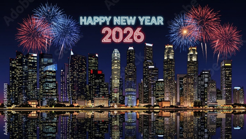 Celebrate New Year 2026 over a stunning cityscape with radiant fireworks, conveying joy and prosperity for greetings, invitations, and festive designs