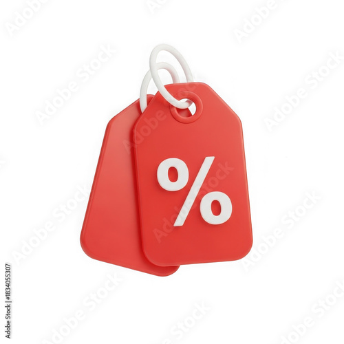 Two red 3d render price tags with a percentage symbol, indicating discount or sale, isolated on white isolated on transparent background