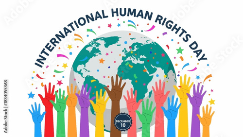 Celebrate International Human Rights Day December 10th with diverse hands raised in unity, perfect for social campaigns and global awareness initiatives.