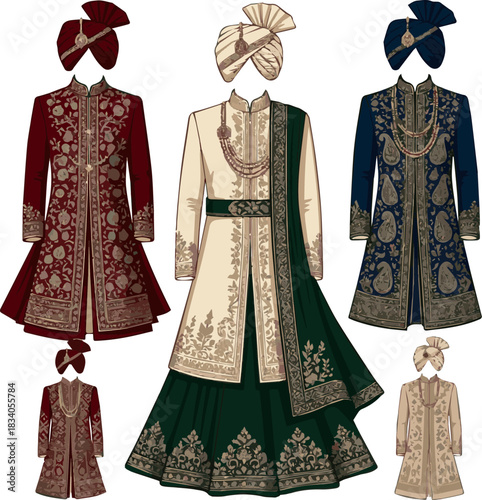 Isolated a various designs of wedding Sherwani vector art with a white background .