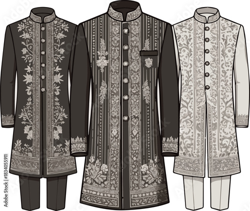 Isolated a various designs of wedding Sherwani vector art with a white background .
