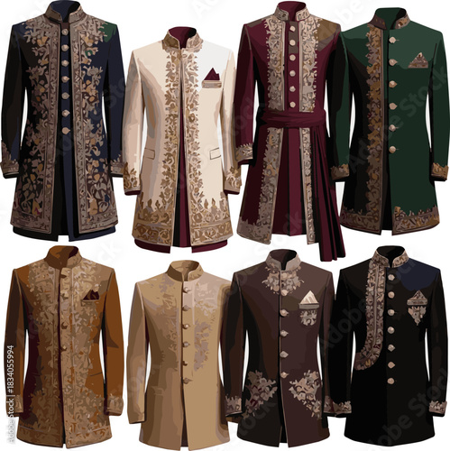 Isolated a various designs of wedding Sherwani vector art with a white background .