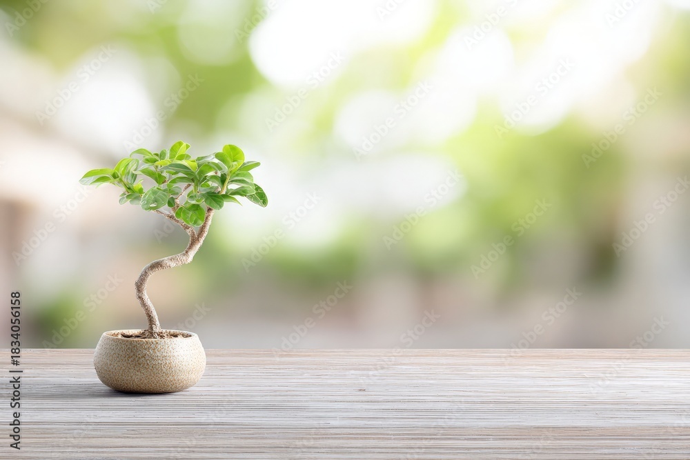 Obraz premium Small bonsai tree with green leaves and twisted trunk in stone pot sits on wooden table, blurred green background, copy space