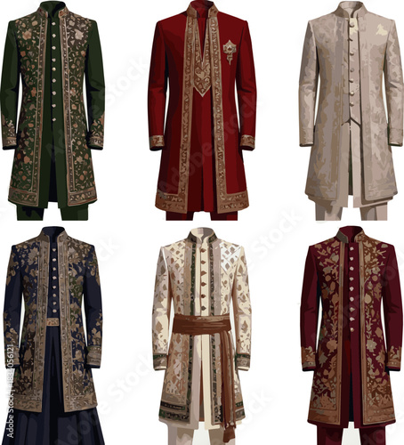 Isolated a various designs of wedding Sherwani vector art with a white background .