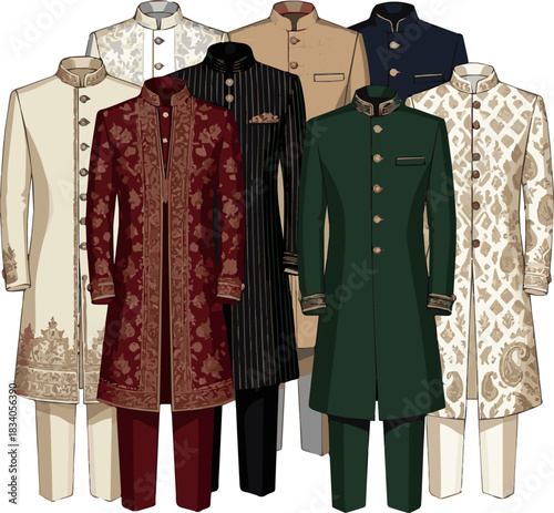 Isolated a various designs of wedding Sherwani vector art with a white background .