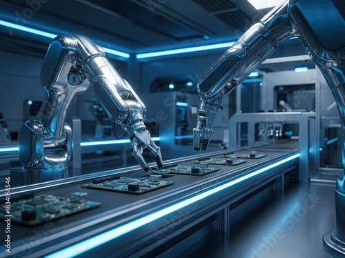 Robotic arms precisely assembling circuit boards on a conveyor belt, showcasing cutting edge automation and manufacturing technology for industrial advancement