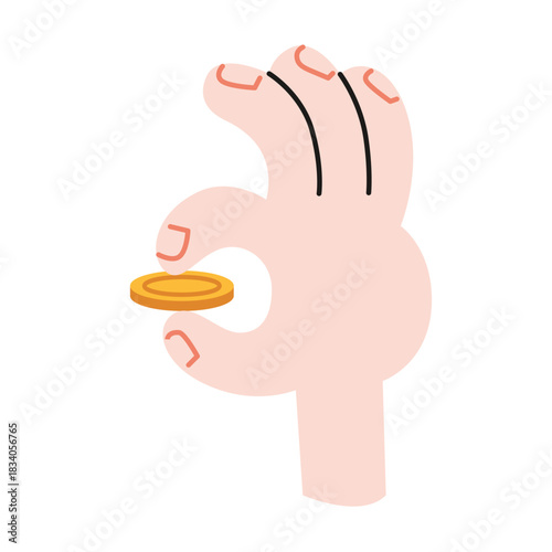 Hand holding coin, representing microtransactions, investments or savings. Trendy modern vector illustration isolated on white background, hand drawn, flat design