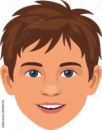 Young man head vector illustration with brown hair and blue eyes smiling face avatar