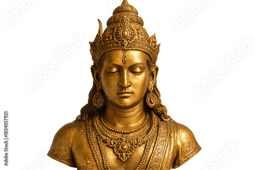 Golden Hindu style deity bust statue with closed eyes in meditation, ornate spiritual sculpture isolated background