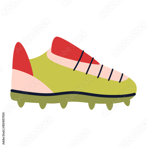 Colorful soccer cleat with studs. Football footwear for outdoor sport and competition. Trendy modern vector illustration isolated on white background, hand drawn, flat design