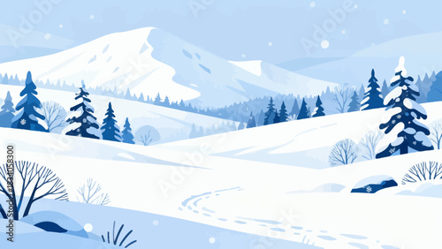 This serene winter illustration depicts a snow-covered mountain range under a clear blue sky, with snowflakes falling, scattered branches, and snow-dusted bushes.