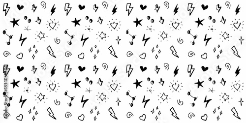 Hand drawn doodle pattern with hearts stars lightning bolts and swirls