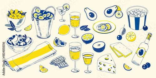 Hand drawn food and drink illustration with lemons cheese and cocktails