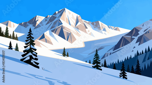 This serene winter illustration depicts a snow-covered mountain range under a clear blue sky, with snowflakes falling, scattered branches, and snow-dusted bushes.