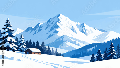 This serene winter illustration depicts a snow-covered mountain range under a clear blue sky, with snowflakes falling, scattered branches, and snow-dusted bushes.