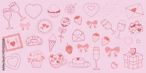 Hand drawn valentine s day icons on pink background for celebration