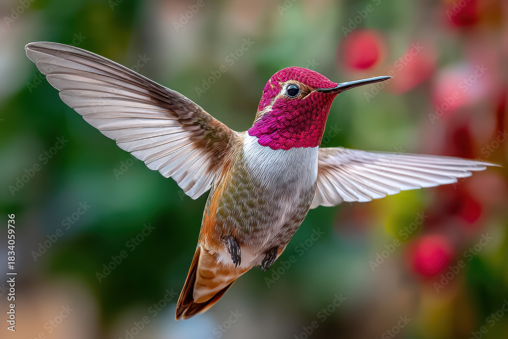 Naklejka premium A Vibrant Annas Hummingbird Hovers with Wings Outspread in MidAir
