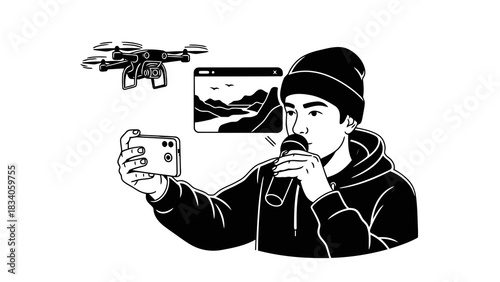 Young man vlogging with drone footage and microphone