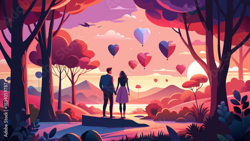 Couple watches heart balloons in a pink landscape