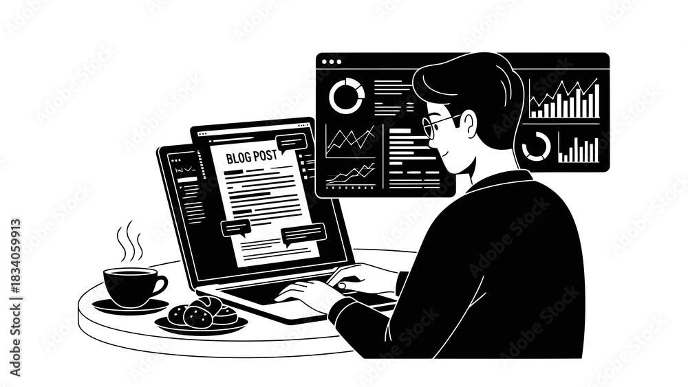 Fototapeta premium Blogger working on laptop with data analytics and coffee