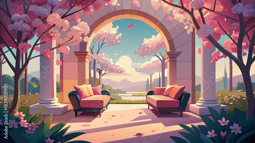 Courtyard with couches and cherry blossom trees