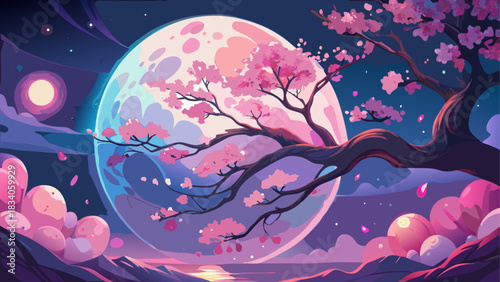 Cherry blossoms under a full moon at nighttime