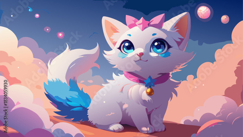 Cute white kitten with a pink bow and blue eyes