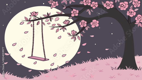 A swing hanging from a tree with pink flowers bloom