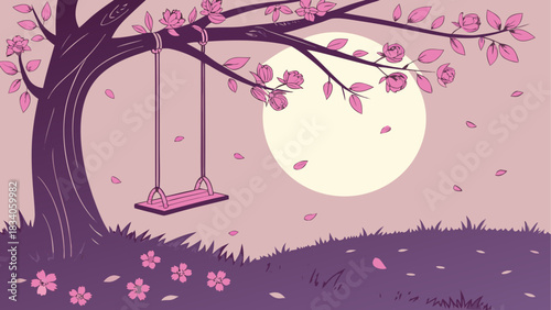 Aesthetic tree swing scene with flowers and moon
