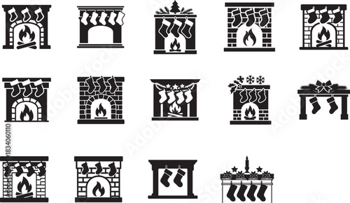   Christmas fireplace mantle with stocking decorations, festive silhouette vector icon set.