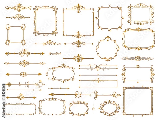 Elegant gold vintage frames and ornaments collection for design and decoration