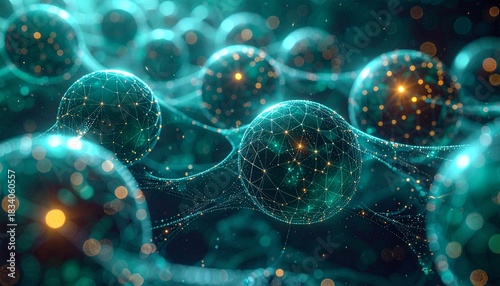 Abstract digital network of glowing spheres and connected luminous particles in deep teal
