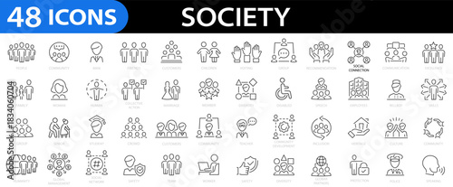 Set of 48 line icons related to society cooperation, people, community teamwork, security, connection, cooperation, family and more. Editable stroke. Vector illustration