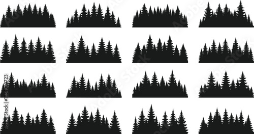 Collection of Black Pine Tree Forest Silhouettes Bordering White Background pine trees evergreen