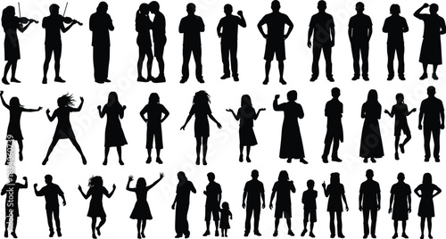 Diverse Group of People Silhouettes in Various Poses and Activities woman