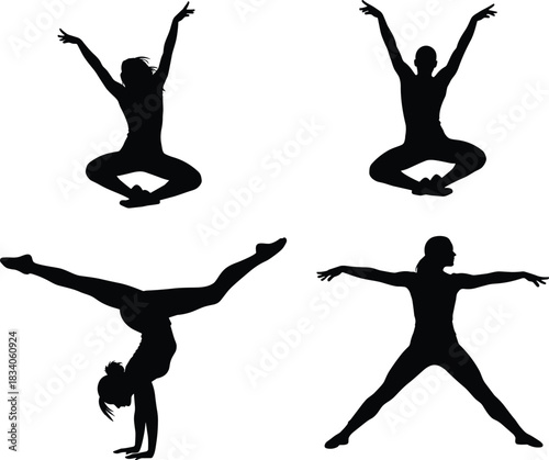 Four Athletic Silhouettes of Women in Poses on White Background woman female