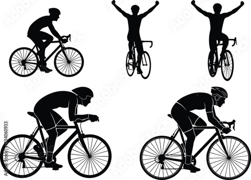 Five Black Silhouettes of Cyclists in Action on White Background cycling bicycle
