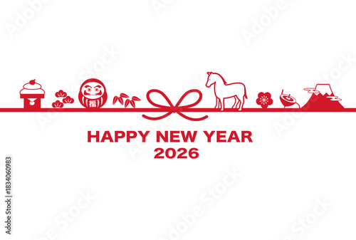 年賀状2026　馬と縁起物のイラスト　テンプレート