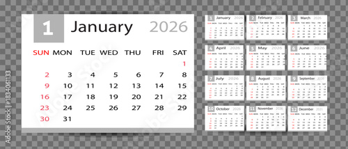 Annual Wall Desk Planner 2026 Monthly Calendar Set Complete 12 Months Set Clean Design for Print, Digital Planner and Office