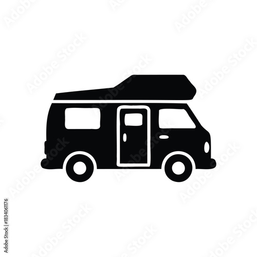 Black silhouette of a camper van on a white background
