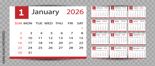 Annual Wall Desk Planner 2026 Monthly Calendar Set Complete 12 Months Set Clean Design for Print, Digital Planner and Office