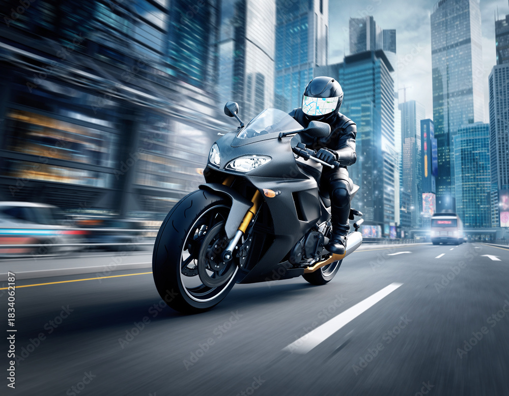 Fototapeta premium Photo studio d'une moto dans un paysage urbain