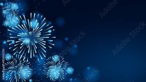 Blue fireworks against a dark blue sky background with copy space, a banner design. New year celebration concept. Vector illustration BG