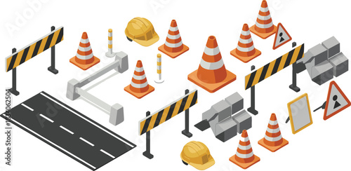 Isometric construction and road safety illustration set with traffic cones, barriers, signage and hard hat for building, engineering, maintenance and safety projects